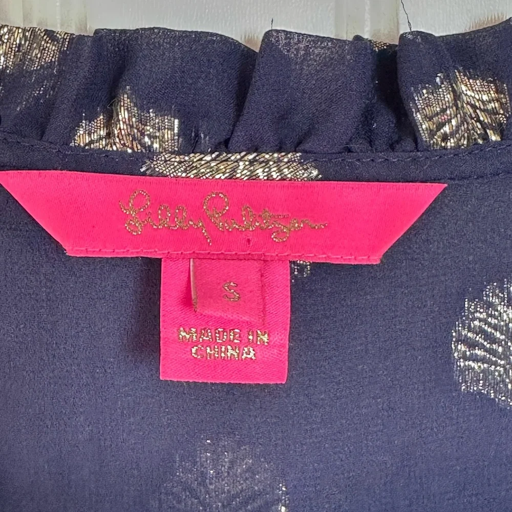 Lilly Pulitzer Giana Silk Top Navy and Gold V Neck Balloon Puff Long Sleeve SZ S